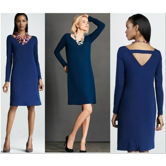 Eileen Fisher Deep Blue Ballet Neck Keyhole Length Long Sleeve Dress Size Medium - Picture 1 of 8